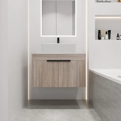 Miniatura 4 de Combinación de tocador de baño de 30 pulgadas con lavabo, moderno tocador flotante montado en la pared con lavabo de cerámica y puerta de cierre