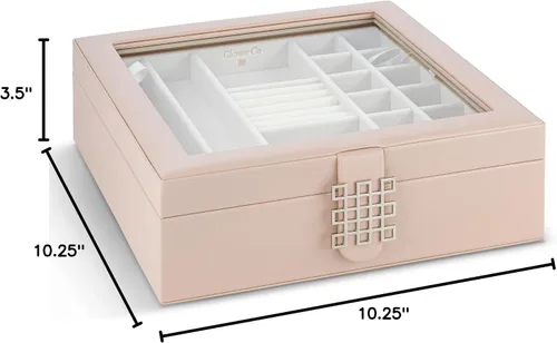 Miniatura 7 de Glenor Co - Joyero de 28 secciones 2 capas Broche de hebilla y cierre magnético Tapa grande de cristal Diseño de cuero Arena Organizador