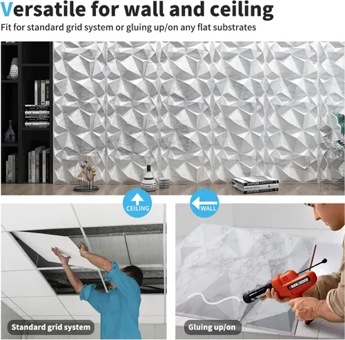 Miniatura 8 de Art3d Textures - Paneles de pared 3D con diseño de diamante de mármol blanco brillante para decoración de pared interior, paquete de 12 azulejos