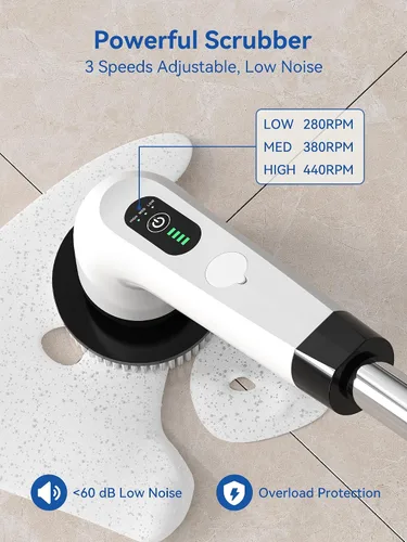 Miniatura 3 de Limpiador eléctrico giratorio – Limpiador de baño de ducha inalámbrico de 120 minutos con 8 cabezales de cepillo Limpiador eléctrico de 440 RPM