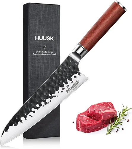 Huusk Cuchillo de chef japonés, cuchillo Gyuto de 8 pulgadas con hoja de acero al carbono forjado a mano, cuchillos de chef de cocina profesionales