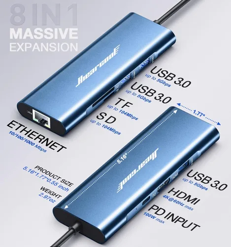 Miniatura 5 de Hiearcool Concentrador USB C, estación de acoplamiento HDMI 8 en 1 USB-C a 4K 60Hz, adaptador multipuerto Ethernet USBC de 100 W PD Dock compatible