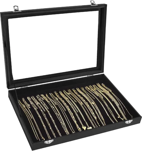 Caja organizadora de collares con tapa transparente, bandeja de terciopelo para almacenamiento de joyas, 20 ganchos de cristal para cajón superior,