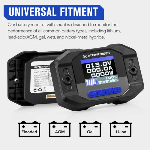 Miniatura 7 de ATEM POWER Monitor de batería de 12 V 100 A con cable de derivación – Monitor de vatios de corriente en tiempo real de alto voltaje y bajo voltaje