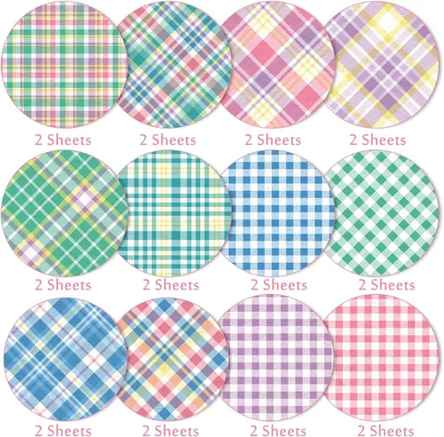 Miniatura 3 de Whaline 24 hojas de papel de primavera pastel con patrón a cuadros, 12 diseños, álbumes de recortes, papel especial para Pascua, papel decorativo
