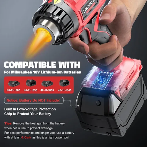 Miniatura 4 de LIVOWALNY Pistola de calor compatible con batería Milwaukee de 18 V (solo herramienta) Pistola de calor inalámbrica de 350 W de 122 ℉ ~ 1022 ℉