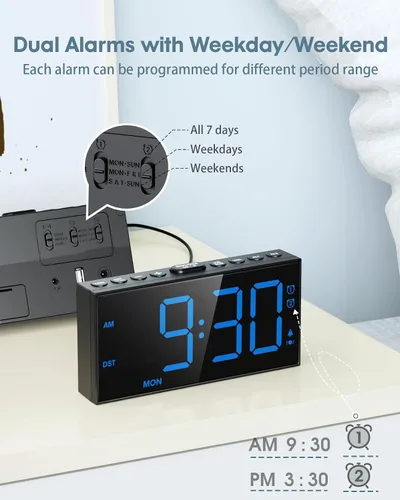 Miniatura 3 de Reloj despertador fuerte para adultos que duermen profundamente, con vibración para la cama y 2 alarmas para todos los días/días laborables/fin