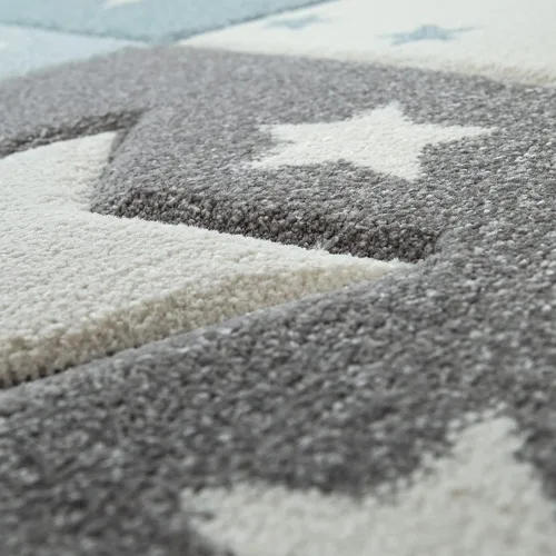 Miniatura 4 de Paco Home Alfombra infantil para guardería a cuadros con puntos y estrellas en azul, blanco y gris, tamaño: 3'11" redonda