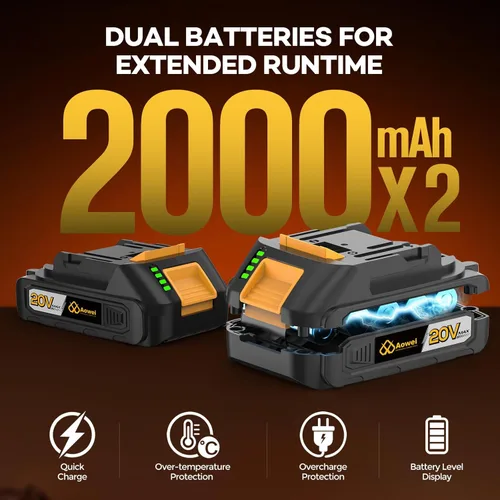 Miniatura 2 de Juego de taladro inalámbrico/controlador, taladro eléctrico de 20 V con batería y cargador, par de torsión 40N, 20+1 ajustes, 2 baterías, Amarillo