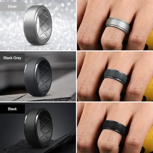 Miniatura 26 de Egnaro - Anillos de silicona para hombre, 25/64 pulgadas (10 mm) de ancho y 3/32 pulgadas (2.5 mm) de grosor, alianzas de boda de goma, paquete