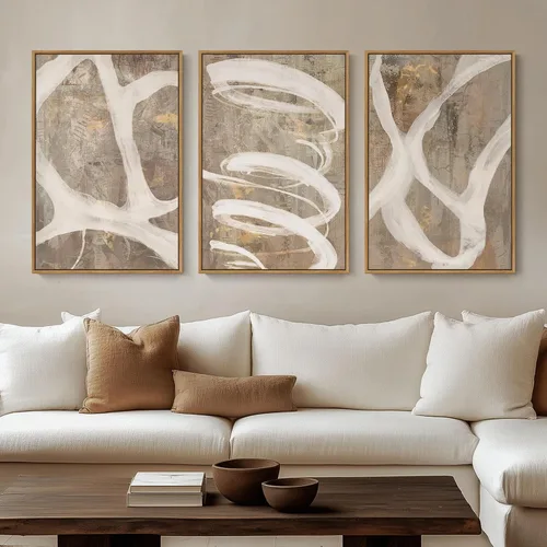 Miniatura 24 de Arte de pared abstracto neutro con marco grande para sala de estar, 3 piezas, impresiones modernas en lienzo para paredes, cuadros negros y beige