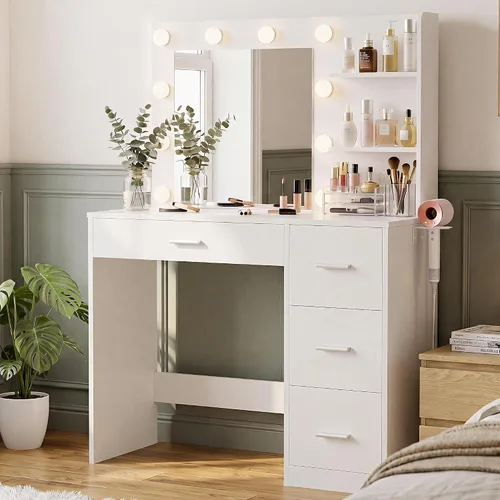 Miniatura 13 de YESHOMY Escritorio de tocador con espejo, 10 luces, toma de corriente y 3 estantes de almacenamiento, mesa de maquillaje con 2 cajones y 1 gabinete