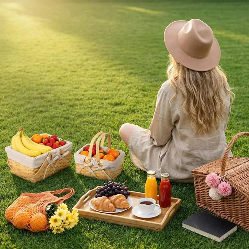 Miniatura 7 de Patelai 2 cestas tejidas naturales de diferentes tamaños con asas plegables dobles y forro extraíble para Halloween, pícnics, regalos