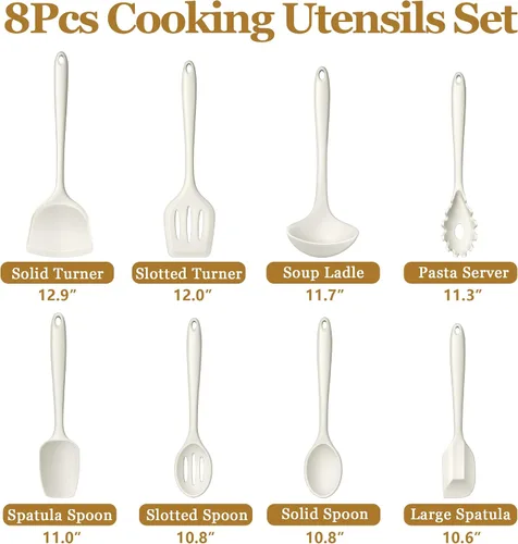 Miniatura 2 de LIANYU Juego de 8 utensilios de cocina de silicona, resistentes al calor, utensilios de cocina antiadherentes con espátula, cuchara, afinador, Blanco