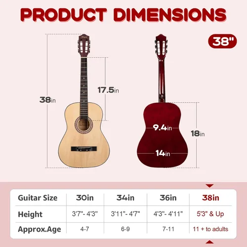 Miniatura 5 de Guitarra acústica de madera de 38 pulgadas con kit de inicio, bolsa de viaje, afinador, púa de guitarra con juego para principiantes para niños