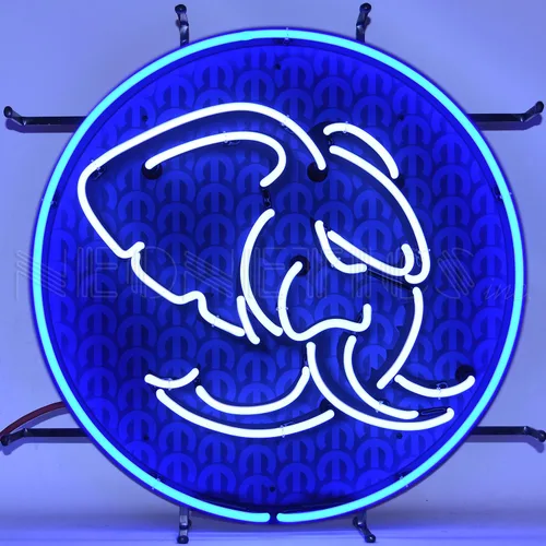 Hellephant Hemi Mopar - Letrero de neón con tubos de vidrio real soplado a mano azul y blanco, mide 24 pulgadas de ancho por 24 pulgadas de alto,