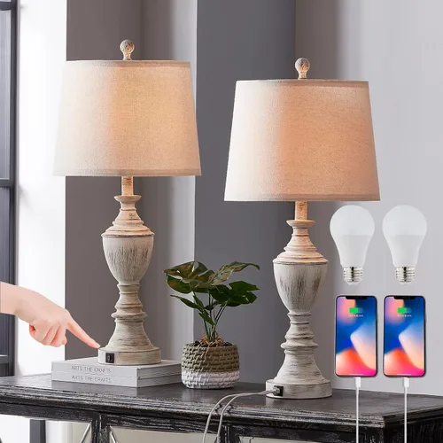 Miniatura 7 de Juego de 2 lámparas de noche plateadas de 28 pulgadas para dormitorio, lámpara de mesa moderna con puerto de carga USB para mesa auxiliar de sala