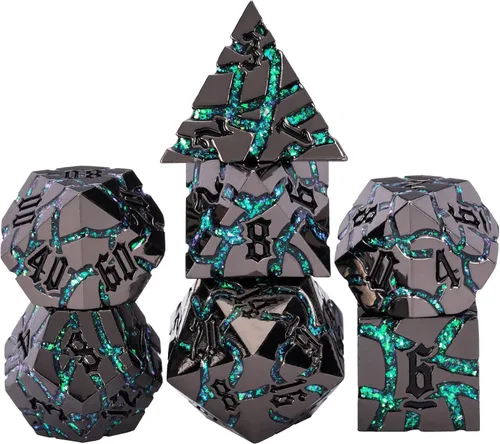 Miniatura 13 de Juego de Dados de Metal DND, Conjunto de 7 Dados Poliédricos D&D, Conjunto de Dados con Grietas Brillantes para Juego de Rol Calabozos y Dragones