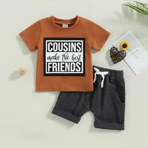 Miniatura 77 de Conjunto de traje de verano para bebé niño pequeño, manga corta, cuello redondo, letras impresas, lindo traje de verano, conjunto de 2 piezas