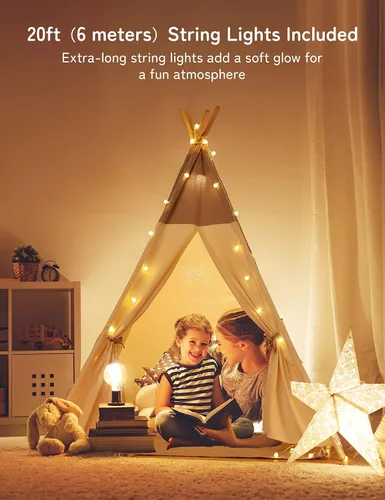 Miniatura 3 de besrey - Tienda de campaña tipi para niños con luz y alfombra, tienda de campaña para jugar en interiores, casa de juegos, tienda tipi de algodón