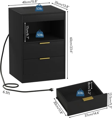 Miniatura 2 de Yusong Mesita de Noche, Mesa de Noche, Mesita LED con Estación de Carga, Mesita Moderna, Mesa de Sofá de Madera con 2 Estantes Deslizantes (Negro)