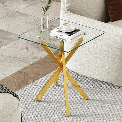 Miniatura 10 de Mesa auxiliar pequeña de vidrio con patas de metal negro, moderna mesa auxiliar cuadrada de vidrio templado transparente con diseño elegante