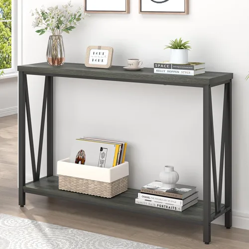 EXCEFUR Mesa de entrada, sofá de madera rústica con almacenamiento, mesa de pasillo moderna para sala de estar, color gris