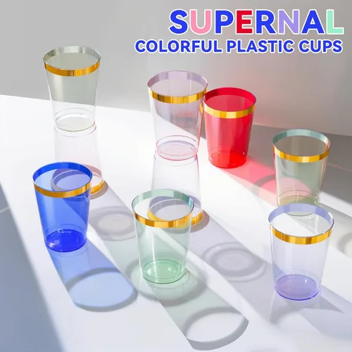 Miniatura 9 de Supernal 100 piezas de vasos de plástico azules, vasos desechables transparentes azules claros de 10 onzas con borde dorado, vasos de plástico