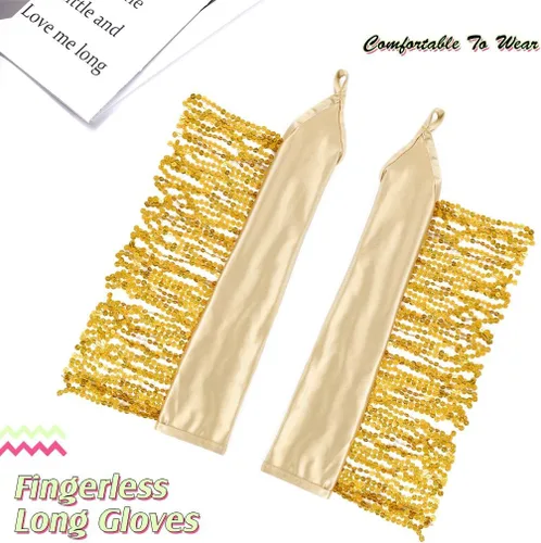 Miniatura 4 de Yikisdy Guantes de lentejuelas a la moda, guantes de satén sin dedos, guantes largos con borlas brillantes, disfraz de fiesta rave para mujeres