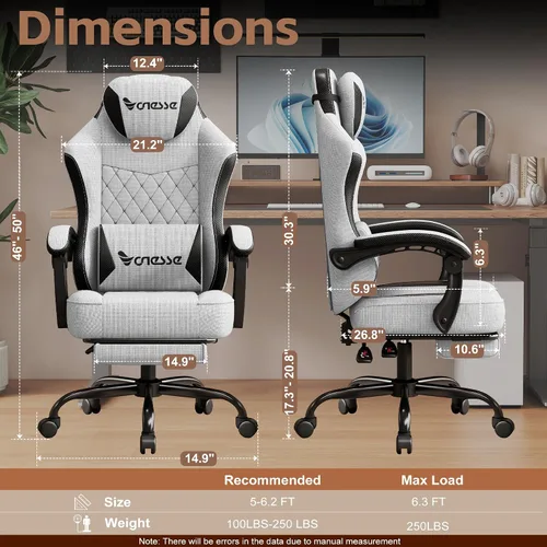 Miniatura 2 de Silla de juegos Vonesse, silla de computadora de tela con amortiguador de resorte de bolsillo, silla de oficina con reposapiés y soporte lumbar