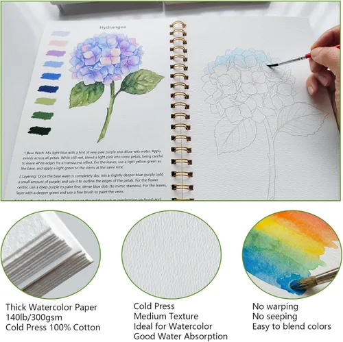 Miniatura 4 de Cuaderno de trabajo de acuarela 15 hermosas pinturas de flores para adultos y adolescentes principiantes, libro para colorear al agua, 140 libras