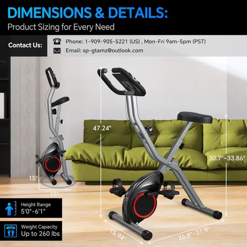Miniatura 5 de Bicicleta estática plegable ligera de 33 libras para apartamentos pequeños, bicicletas estacionarias para entrenamiento en casa, bicicleta