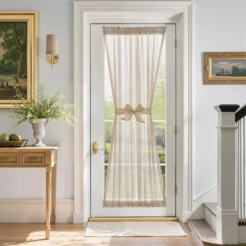 Miniatura 21 de jinchan Cortina de puerta francesa semitransparente con lazos de amarre, cortina de privacidad de gasa bordada floral para puerta de patio, armario