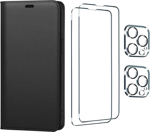 Utook Funda compatible con iPhone 14 Pro Max, funda magnética de cuero genuino con tapa para teléfono celular con tarjeta de crédito RFID bloqueo a