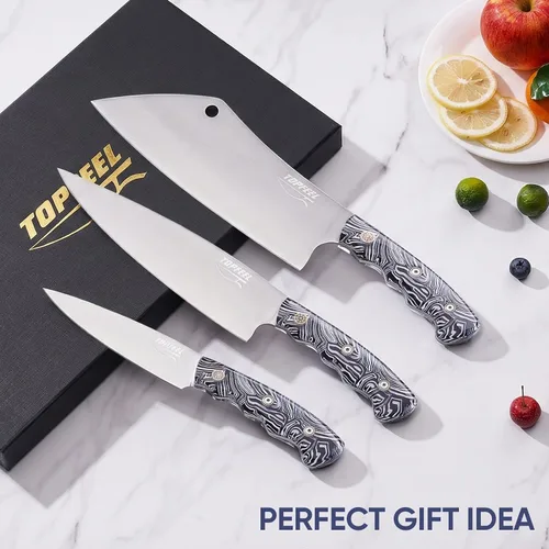 Miniatura 7 de Topfeel Juego de 3 cuchillos de chef profesional, cuchillos de cocina japoneses ultra afilados, acero inoxidable alemán de alto carbono de 8