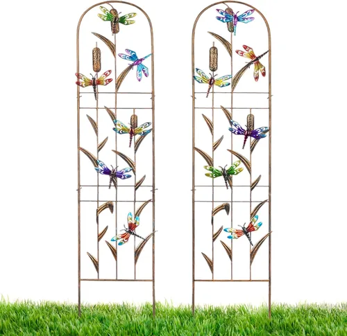 LEWIS&WAYNE Paquete de 2 enrejados de jardín de metal con libélula colorida de 60 pulgadas de alto, decoración exterior con arco, enrejado de valla