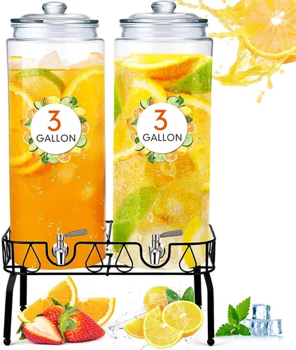 Miniatura 8 de Honeydak Dispensador de bebidas de vidrio de 3 galones para fiestas, dispensador de bebidas de vidrio con soporte y espita a prueba de fugas