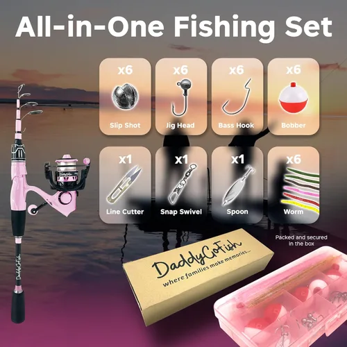 Miniatura 3 de DaddyGoFish Juego combinado de caña de pescar y carrete giratorio con caja de aparejos Caña de pescar para niños Kit de caña de pescar Rosa
