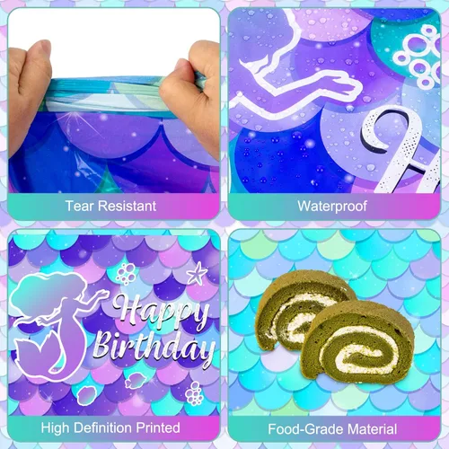 Miniatura 3 de 1 mantel de sirena – Mantel de sirena de feliz cumpleaños, mantel rectangular de plástico desechable con diseño de sirenas para decoración