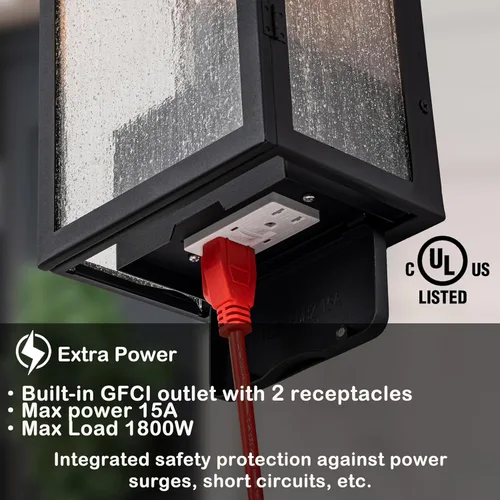 Miniatura 2 de Luz de Porche con Salida GFCI, Accesorios de Iluminación Exterior en Negro Mate, Lámpara de Aluminio Impermeable para Exteriores con Vidrio