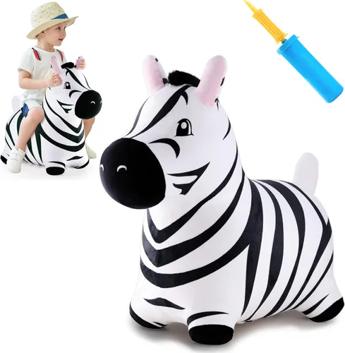 iPlay, iLearn Bouncy Pals Caballo Saltarín Cebra, Saltador de Animal Inflable de Peluche, Juguetes de Salto para Montar en Interiores y Exteriores,