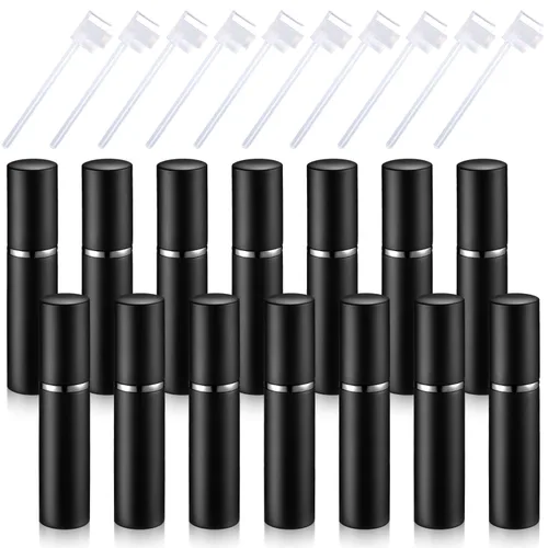Boao 14 piezas de 0.2 fl oz de perfume de viaje recargable atomizador negro mini muestra de fragancia dispensador de colonia de vidrio forrado