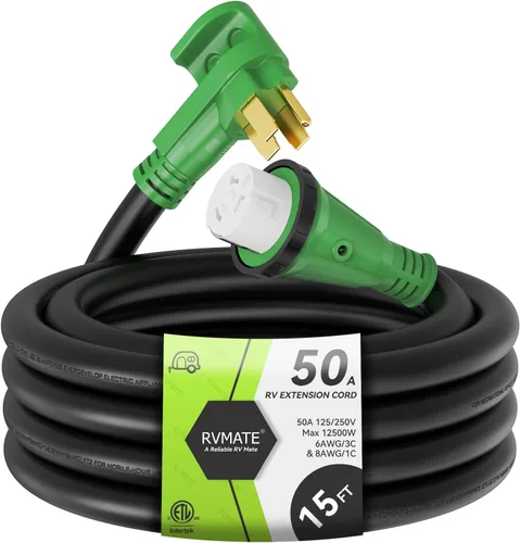 RVMATE Cable de extensión de alimentación con cerradura para RV/generador de 50 amperios y 15 pies, mango de fácil enchufe, 14-50P a SS 2-50R con