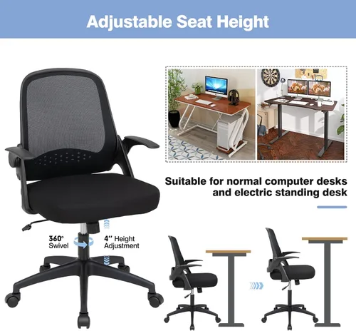 Miniatura 7 de Giantex Silla ergonómica de malla con respaldo medio para computadora, soporte lumbar, reposabrazos abatibles, silla giratoria de altura ajustable
