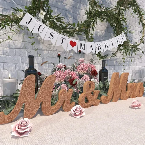 Señal de Mr & Mrs para mesa de boda, letrero grande de madera de oro rosa con texto en inglés "Mr and Mrs & Just Married", decoración de mesa de