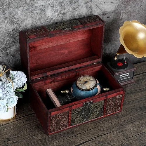 Miniatura 6 de ELLDOO Caja de cofre del tesoro vintage, caja de recuerdos pirata para regalos de niños, caja de almacenamiento de tesoros de madera, caja