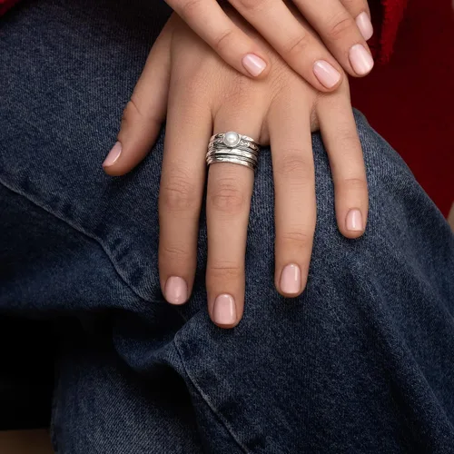 Miniatura 2 de 925 Sterling Silver14K Gold Plated Silver Spinner Ring Unisex, Bold Hammered BeadedFreshwater Pearl Floral Etched and Hammered, Oxidized