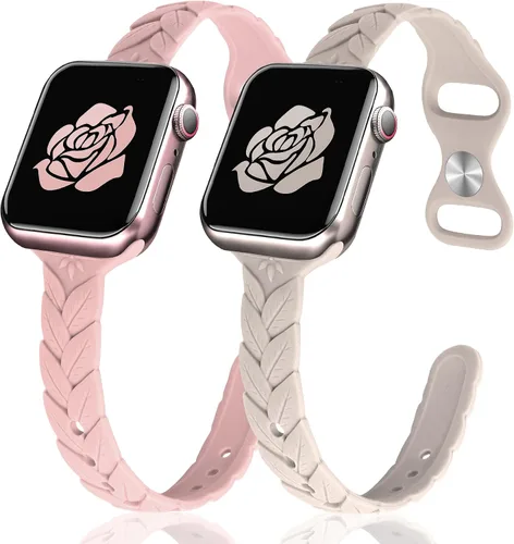 Miniatura 15 de JR.DM - Paquete de 2 bandas de silicona grabadas compatibles con Apple Watch de 38/40/41/42/44/45/46/49 mm, correa delgada y femenina de hoja