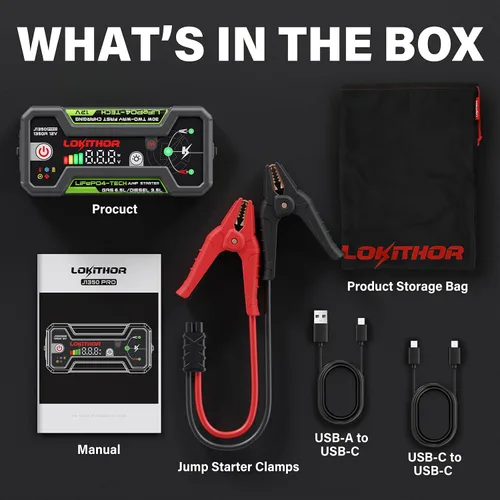 Miniatura 9 de LOKITHOR J1350 PRO Arrancador con ConnectMax, caja de arranque de 1350 amperios LiFePO4 para motores de 6.5L de gasolina y 3.5L diésel, arrancador