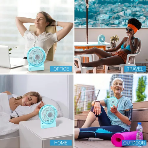Miniatura 6 de efluky Ventilador de escritorio mini de 3 velocidades, recargable, funciona con batería y con luz LED Azul